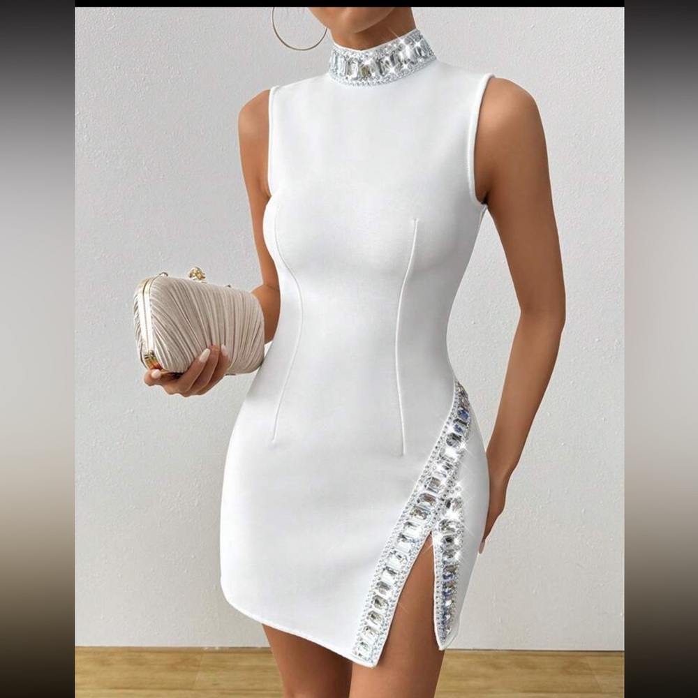 SHEIN White Sleeveless Beaded Mock Neck Mini Dress